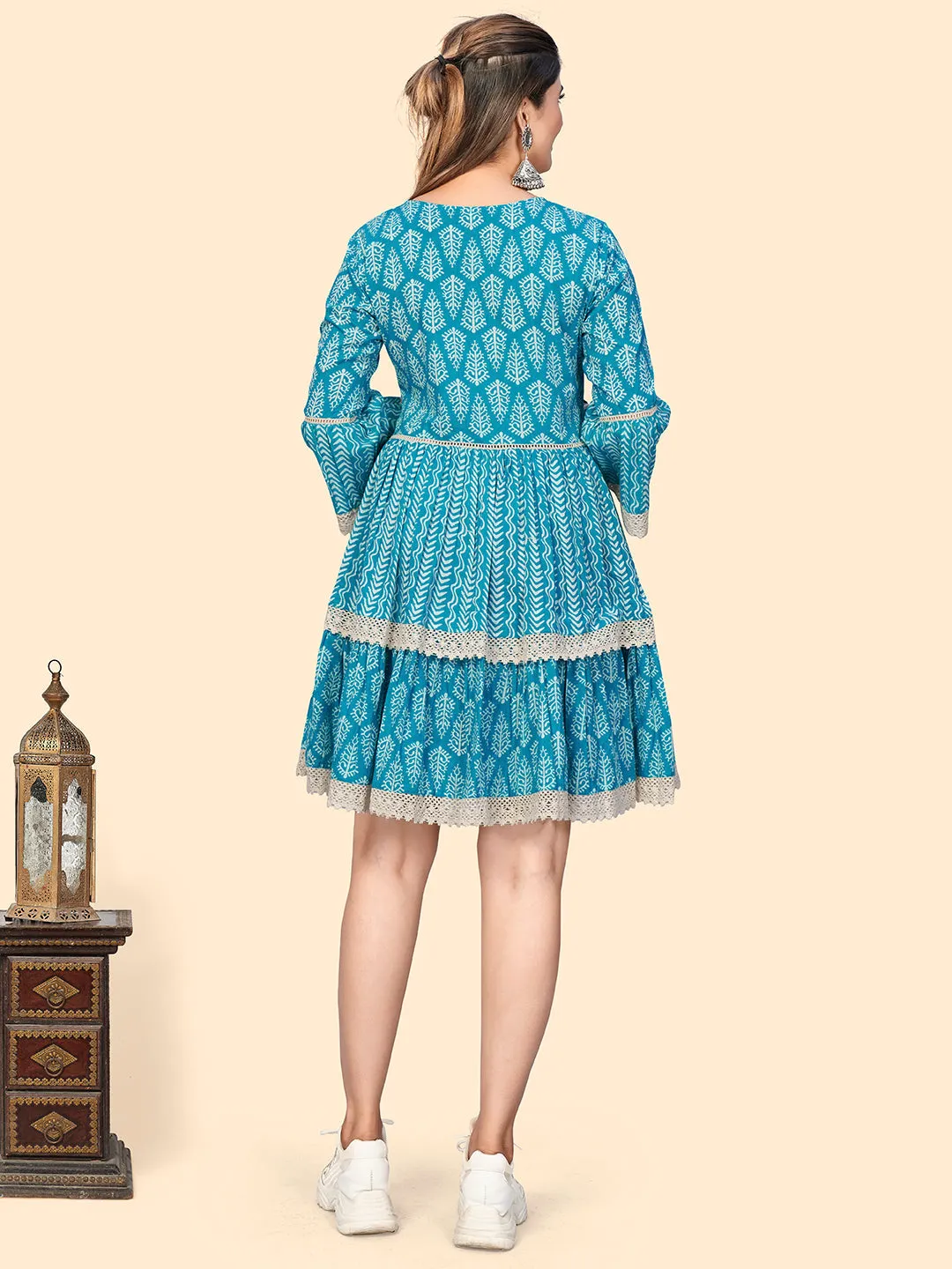 Women'S Printed & Lace Border A-Line Cotton Sky Blue Stitched Dress