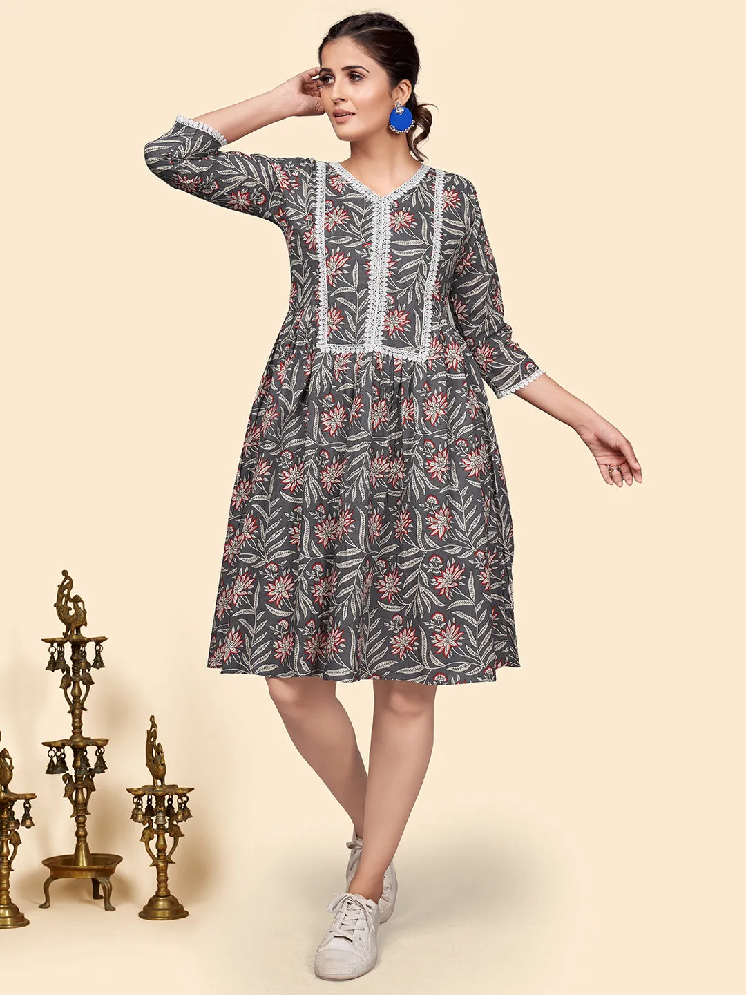 Women'S Printed Flared Cotton Grey Stitched Kurta