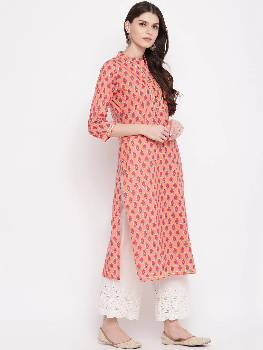 Women'S Printed, Lace Work Straight Cotton Light Orange Kurti