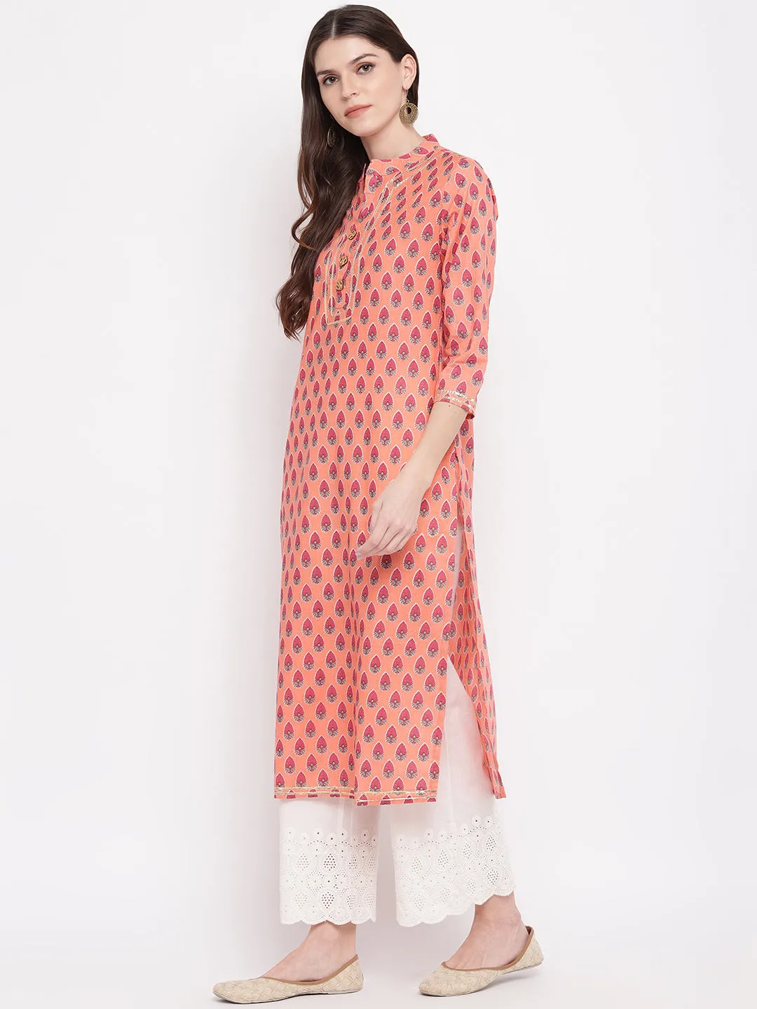 Women'S Printed, Lace Work Straight Cotton Light Orange Kurti