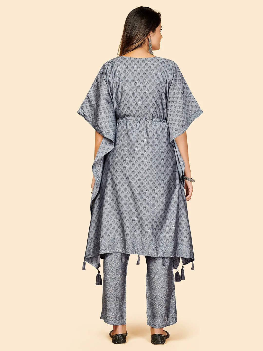 Women'S Printed  Muslin Grey Stitched Kaftan Kurta With Pant Set