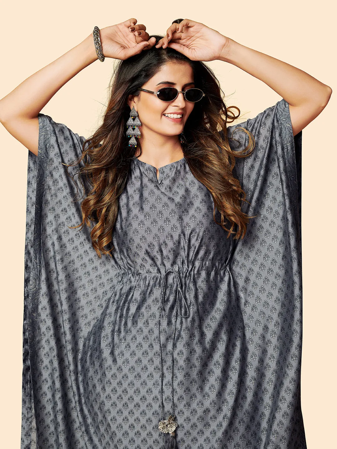 Women'S Printed  Muslin Grey Stitched Kaftan Kurta With Pant Set