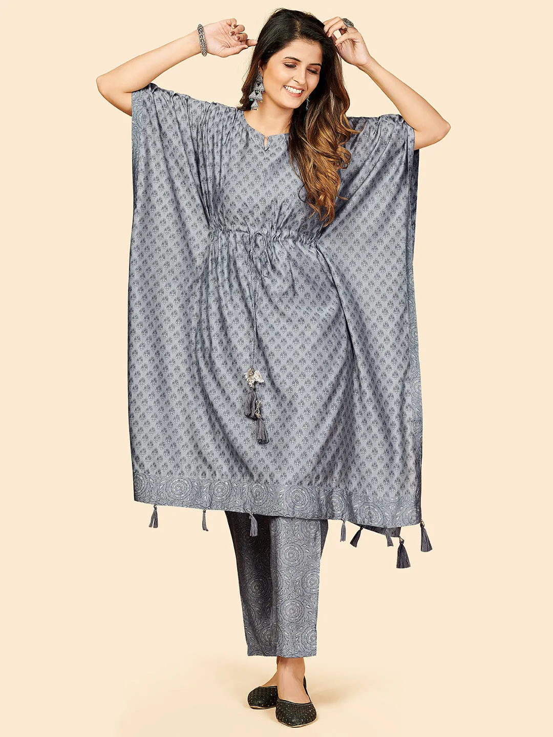 Women'S Printed  Muslin Grey Stitched Kaftan Kurta With Pant Set