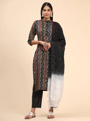 Women'S Printed Straight Cotton Blend Black Stitched Kurta Pant With Dupatta