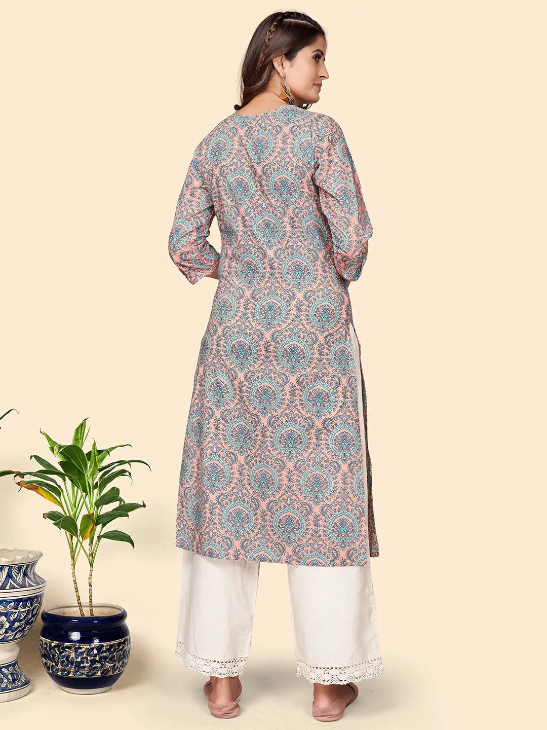 Women'S Printed Straight Cotton Peach Stitched Kurta