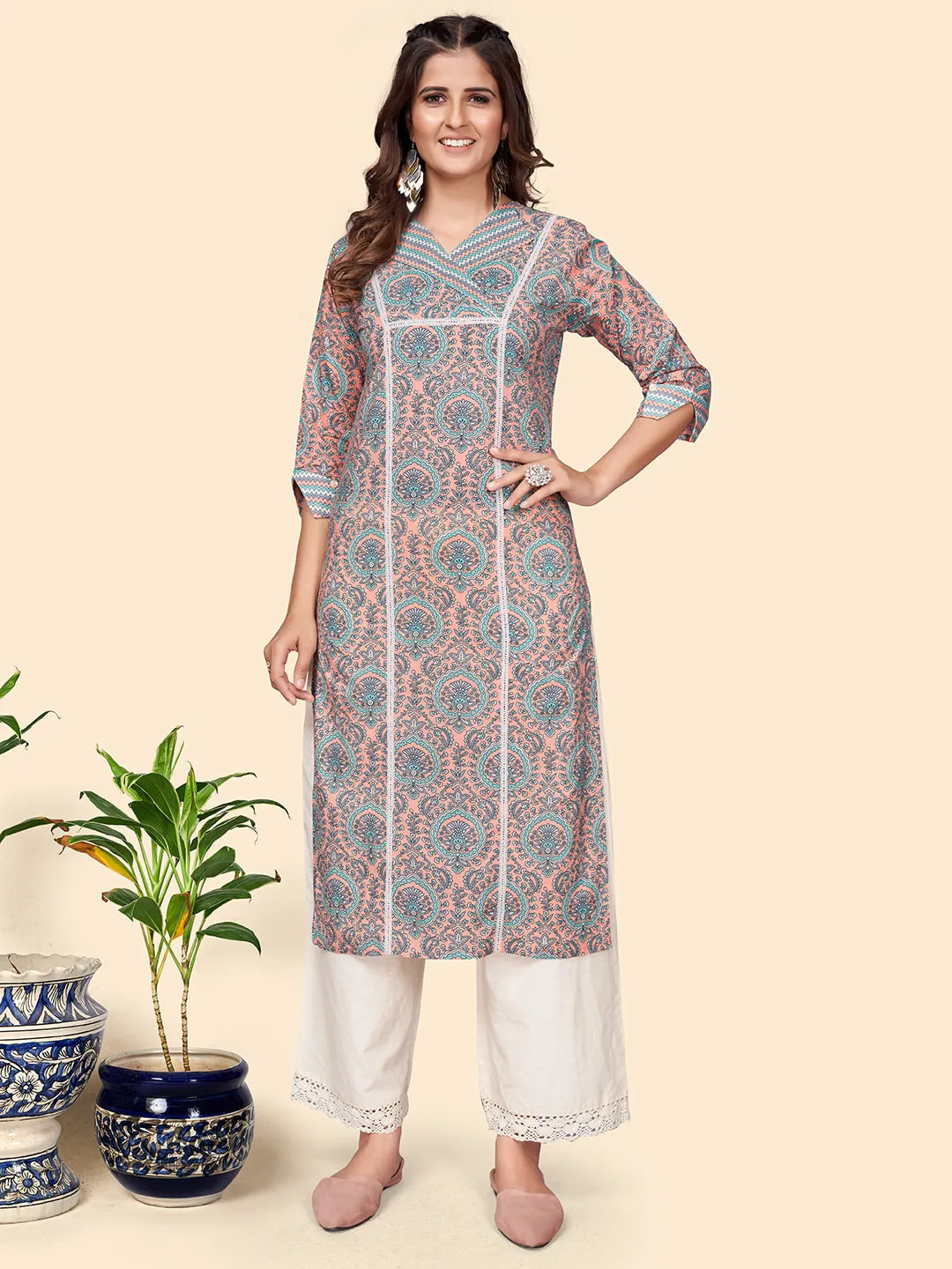 Women'S Printed Straight Cotton Peach Stitched Kurta