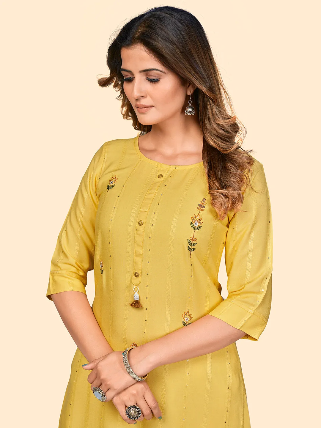 Women'S Sequence & Hand Work Straight Viscose Yellow Stitched Kurta