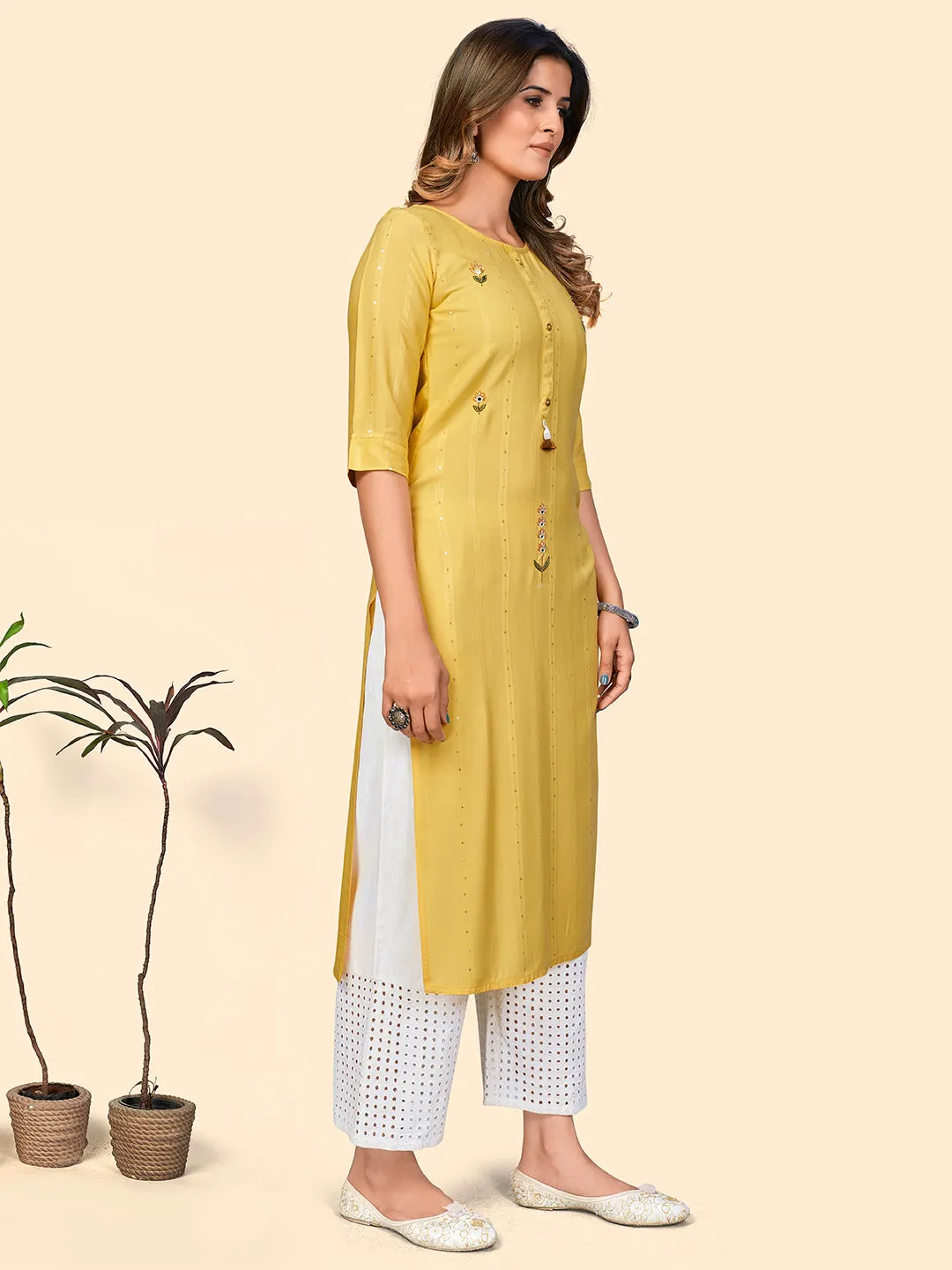 Women'S Sequence & Hand Work Straight Viscose Yellow Stitched Kurta