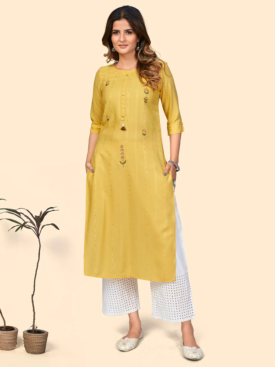 Women'S Sequence & Hand Work Straight Viscose Yellow Stitched Kurta