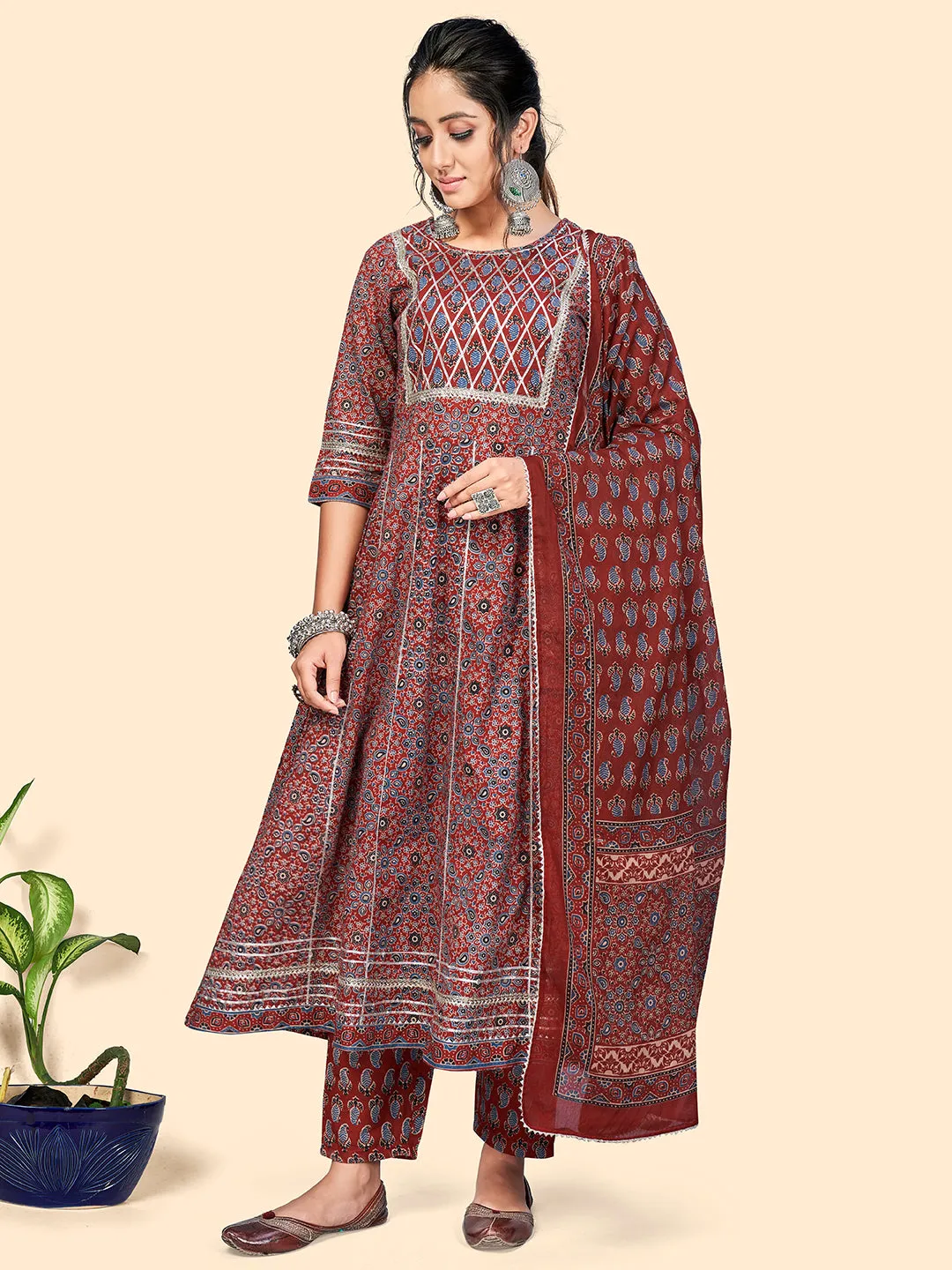 Women'S Viscose Printed & Gota Patti Anarkali Stitched Kurta Pant With Dupatta