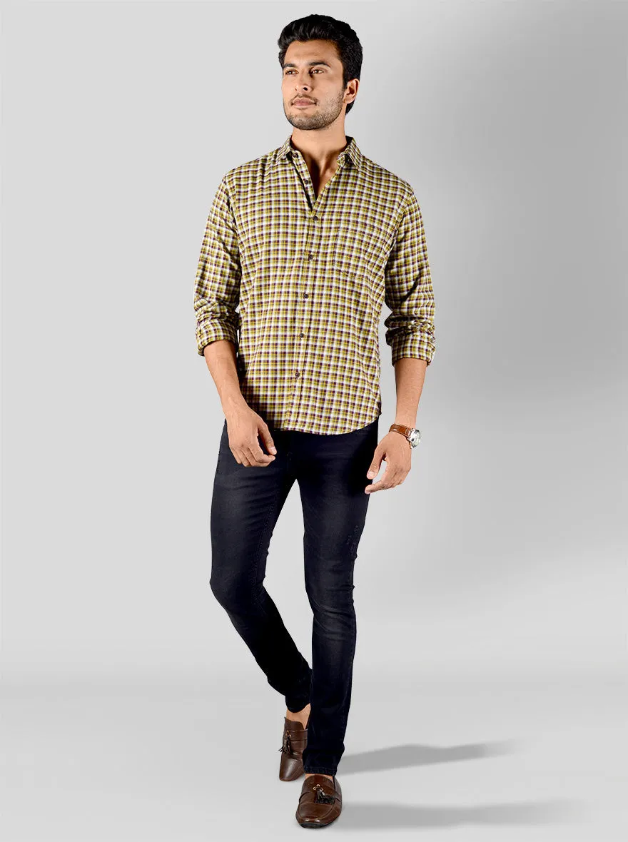 Yellow & Wine Checked Slim Fit Casual Shirt | Greenfibre